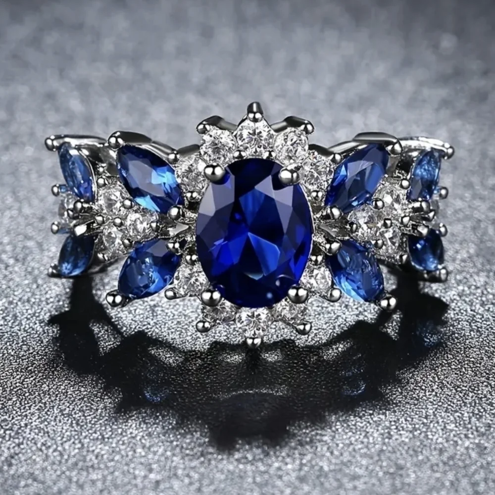 New Blue Sapphire CZ Halo Ring Silver Tone Oval Statement Cocktail Ring, T1B1D